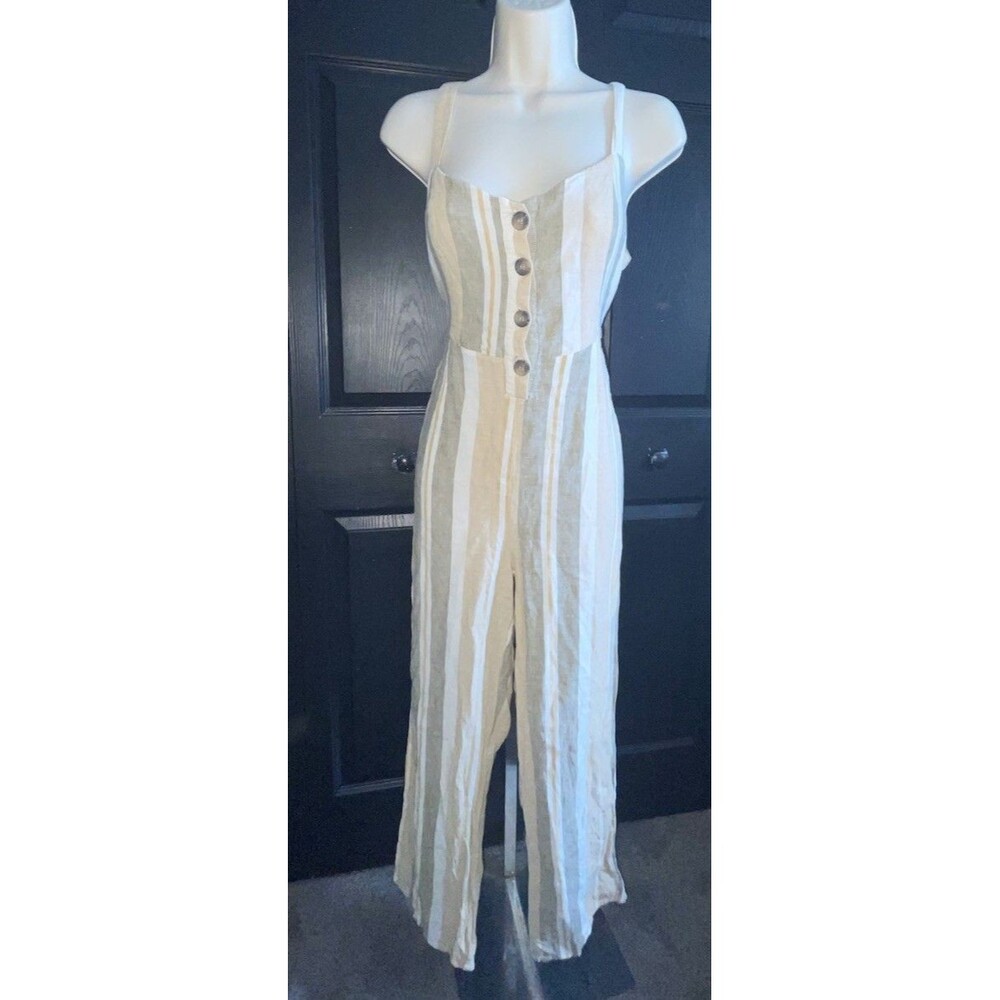 Romeo + Juliet Couture Striped Linen Jumpsuit M Wide Leg Tie Back Boho Summer